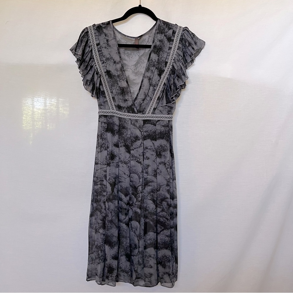Wrap Gray & Black Watercolor Print 100% Silk Sheer Like Dress.  Size EU 38